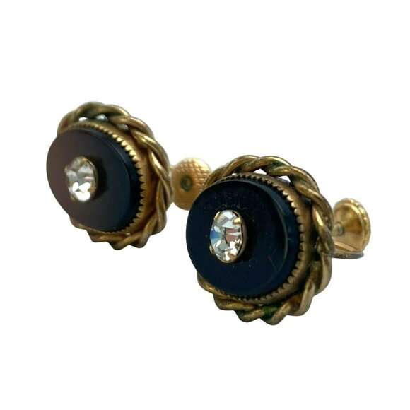 Vintage Art Deco Nouveau Gold Tone Black Rhinestone Screw back Earrings - Picture 5 of 10